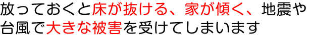 放っておくと床が抜ける、家が傾く、地震や台風で大きな被害を受けてしまいます。